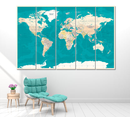 Political World Map Canvas Print ArtLexy 5 Panels 36"x24" inches 