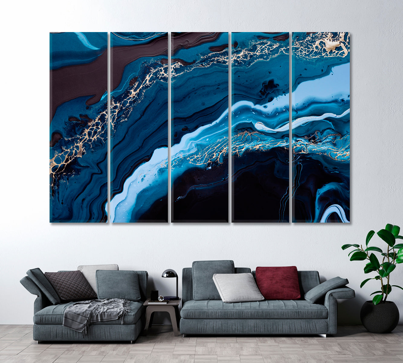 Abstract Ocean Waves with Gold Swirls Canvas Print ArtLexy 5 Panels 36"x24" inches 