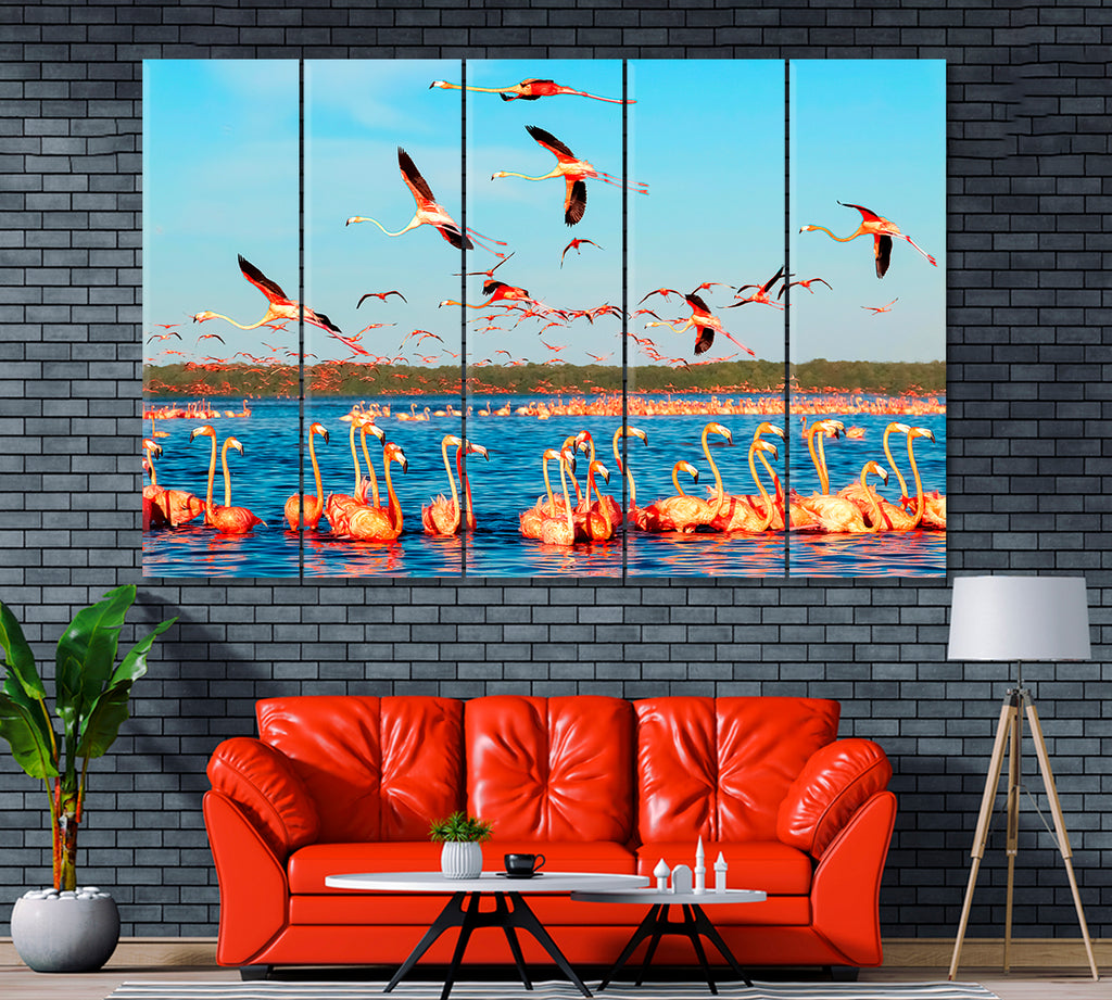 Flamingos in Celestun National Park Mexico Canvas Print ArtLexy 5 Panels 36"x24" inches 