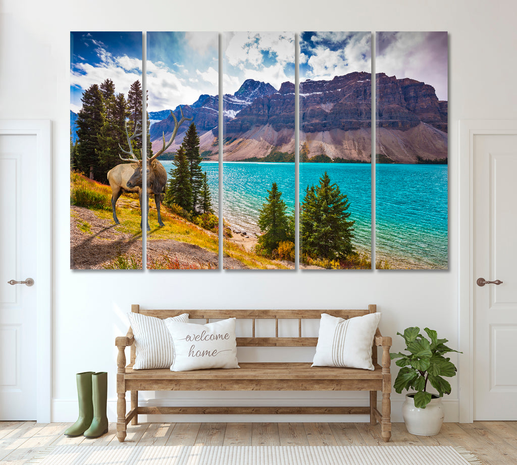 Deer on Azure Lake and Rocky Mountains Canada Canvas Print ArtLexy 5 Panels 36"x24" inches 