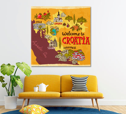 Illustrated Map of Croatia Canvas Print ArtLexy 1 Panel 12"x12" inches 