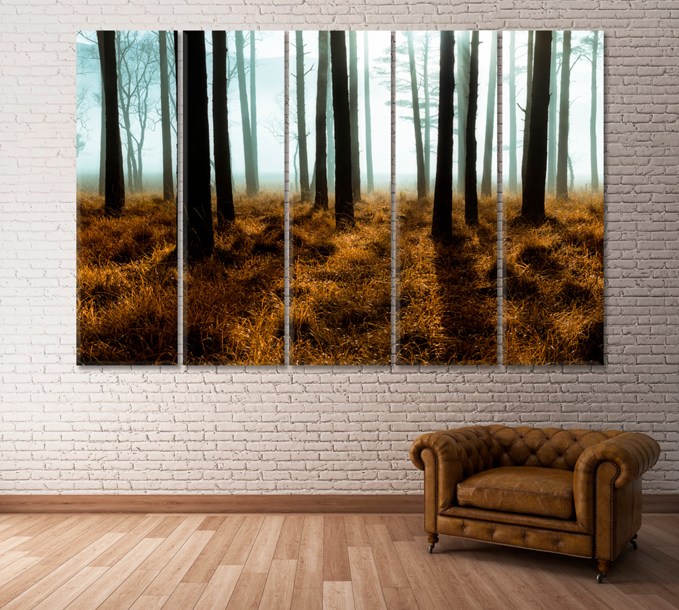Mysterious Forest on Foggy Morning Canvas Print ArtLexy 5 Panels 36"x24" inches 