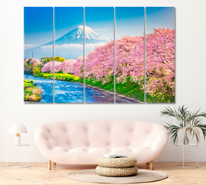 Mount Fuji with Cherry Blossoms Japan Canvas Print ArtLexy 5 Panels 36"x24" inches 