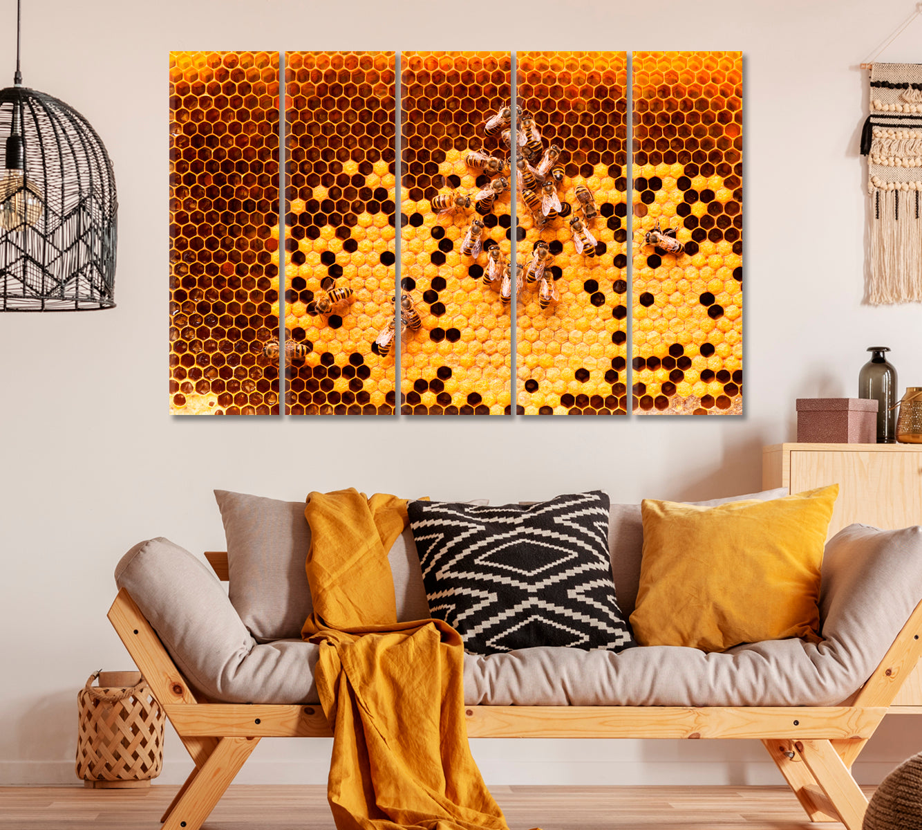 Honey Bees on Honeycomb Canvas Print ArtLexy 5 Panels 36"x24" inches 
