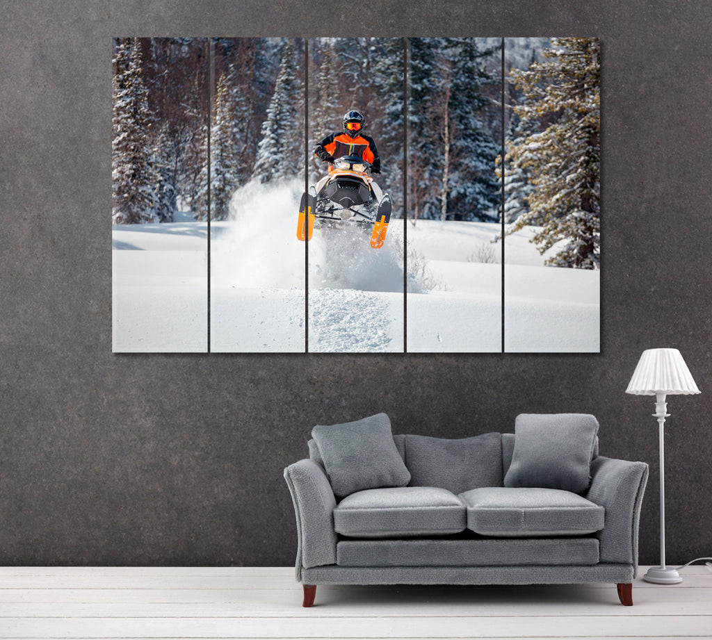 Sportsman on Snowmobile in Winter Forest Canvas Print ArtLexy 5 Panels 36"x24" inches 