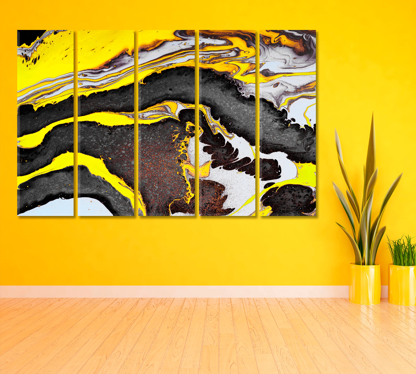 Abstract Mixed Black & Yellow Ink Canvas Print ArtLexy 5 Panels 36"x24" inches 