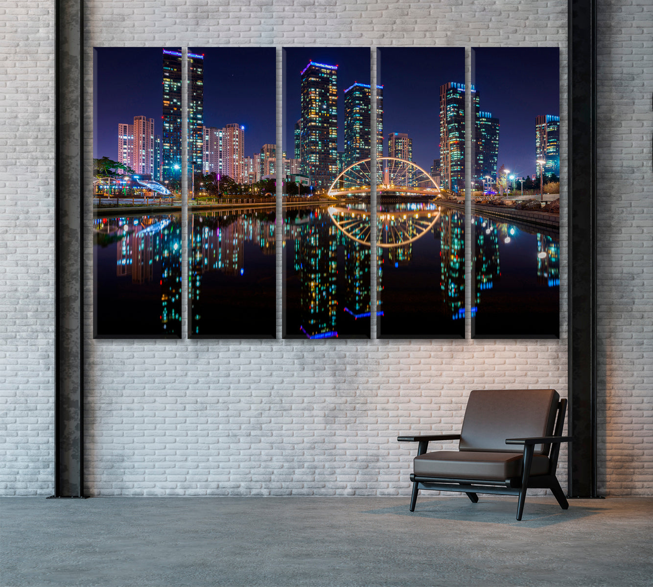 Songdo Central Park at Night in Incheon South Korea Canvas Print ArtLexy 5 Panels 36"x24" inches 