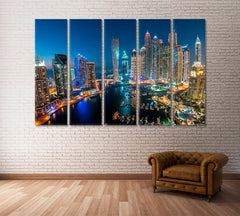 Dubai Marina at Night Canvas Print ArtLexy 5 Panels 36"x24" inches 