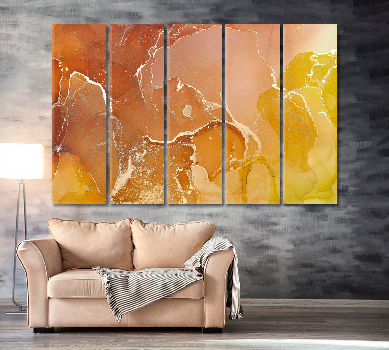 Abstract Yellow Marble Canvas Print ArtLexy 5 Panels 36"x24" inches 