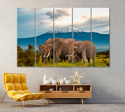 Elephants in Amboseli National Park Canvas Print ArtLexy 5 Panels 36"x24" inches 