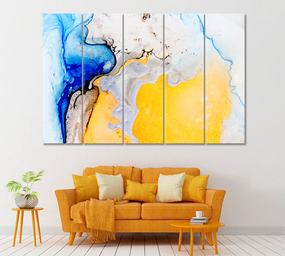 Abstract Yellow and Blue Mixed Acrylic Paints Canvas Print ArtLexy 5 Panels 36"x24" inches 