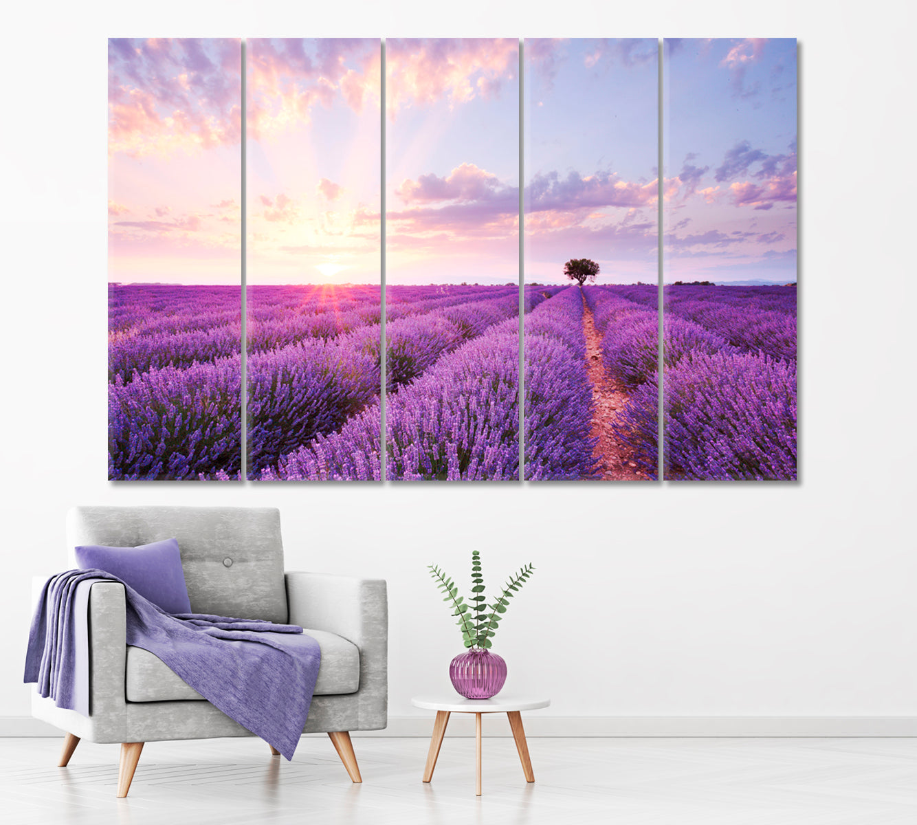 Lavender Field at Sunset Canvas Print ArtLexy 5 Panels 36"x24" inches 