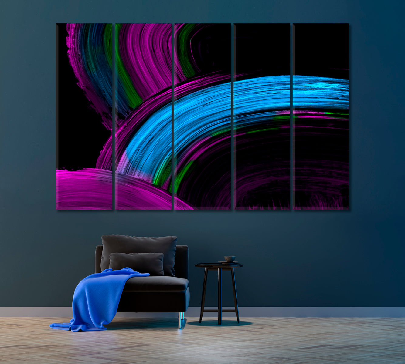 Creative Neon Violet and Blue Brush Strokes Canvas Print ArtLexy 5 Panels 36"x24" inches 