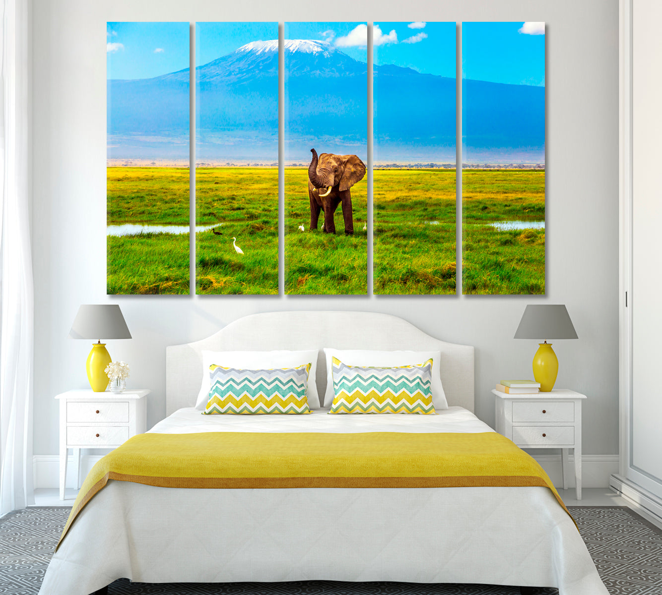 African Elephant and Mount Kilimanjaro Kenya Canvas Print ArtLexy 5 Panels 36"x24" inches 