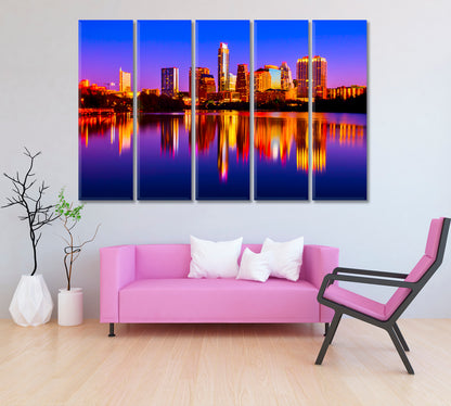 Reflections Of City Lights At Night Austin Texas Canvas Print ArtLexy 5 Panels 36"x24" inches 