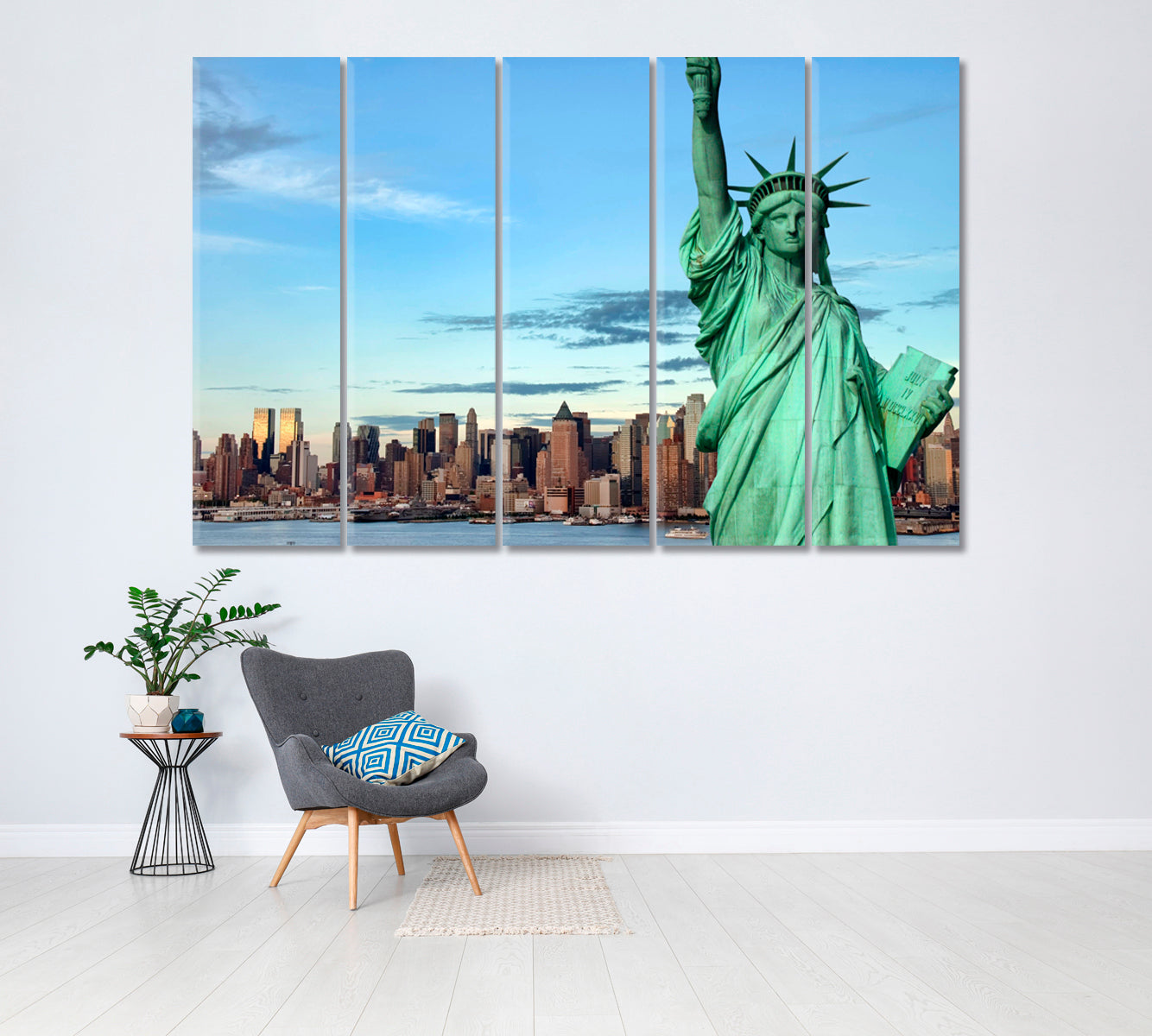 Statue of Liberty with New York City Skyline Canvas Print ArtLexy 5 Panels 36"x24" inches 