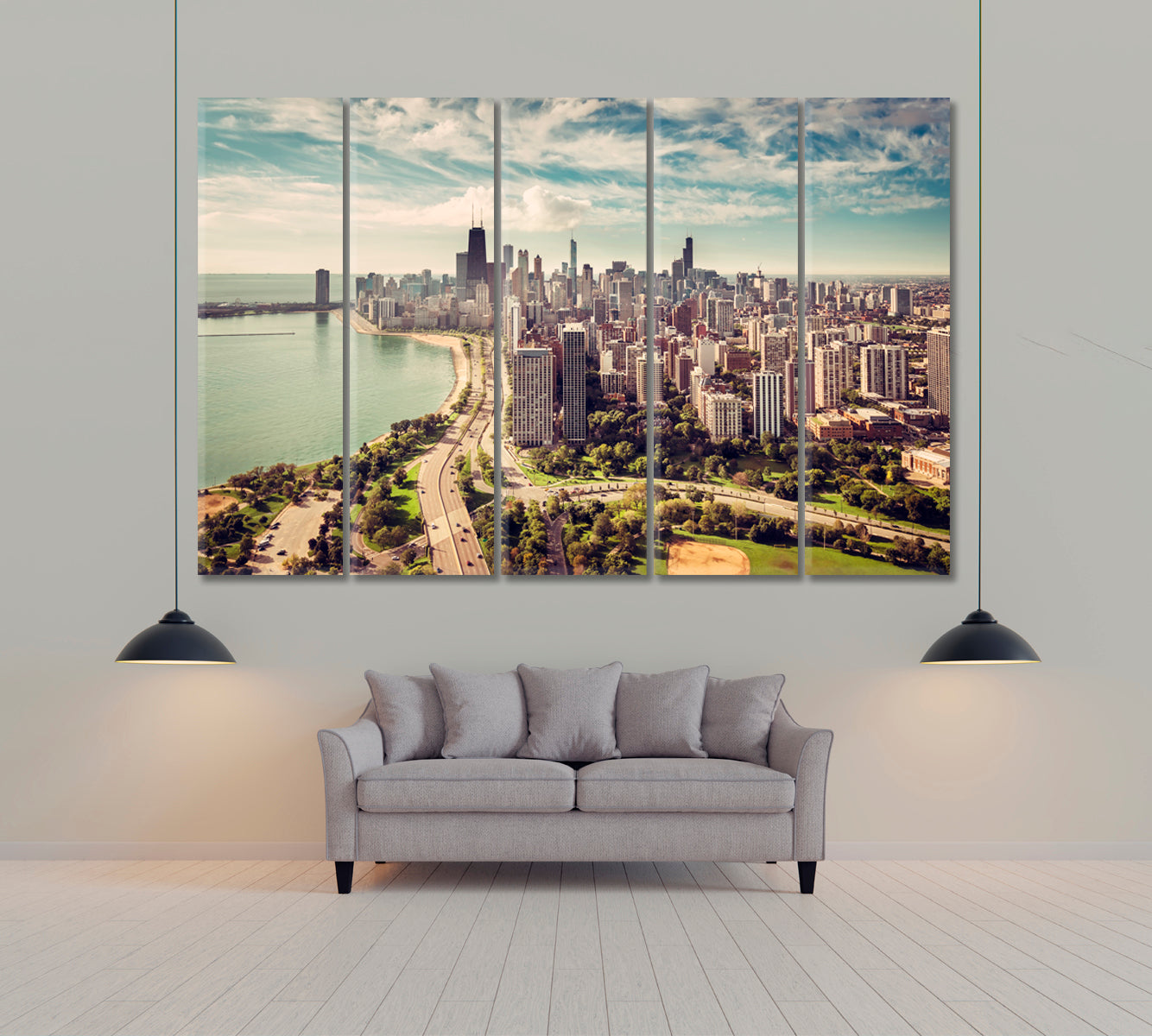 Chicago Skyline with Road by the Beach Canvas Print ArtLexy 5 Panels 36"x24" inches 