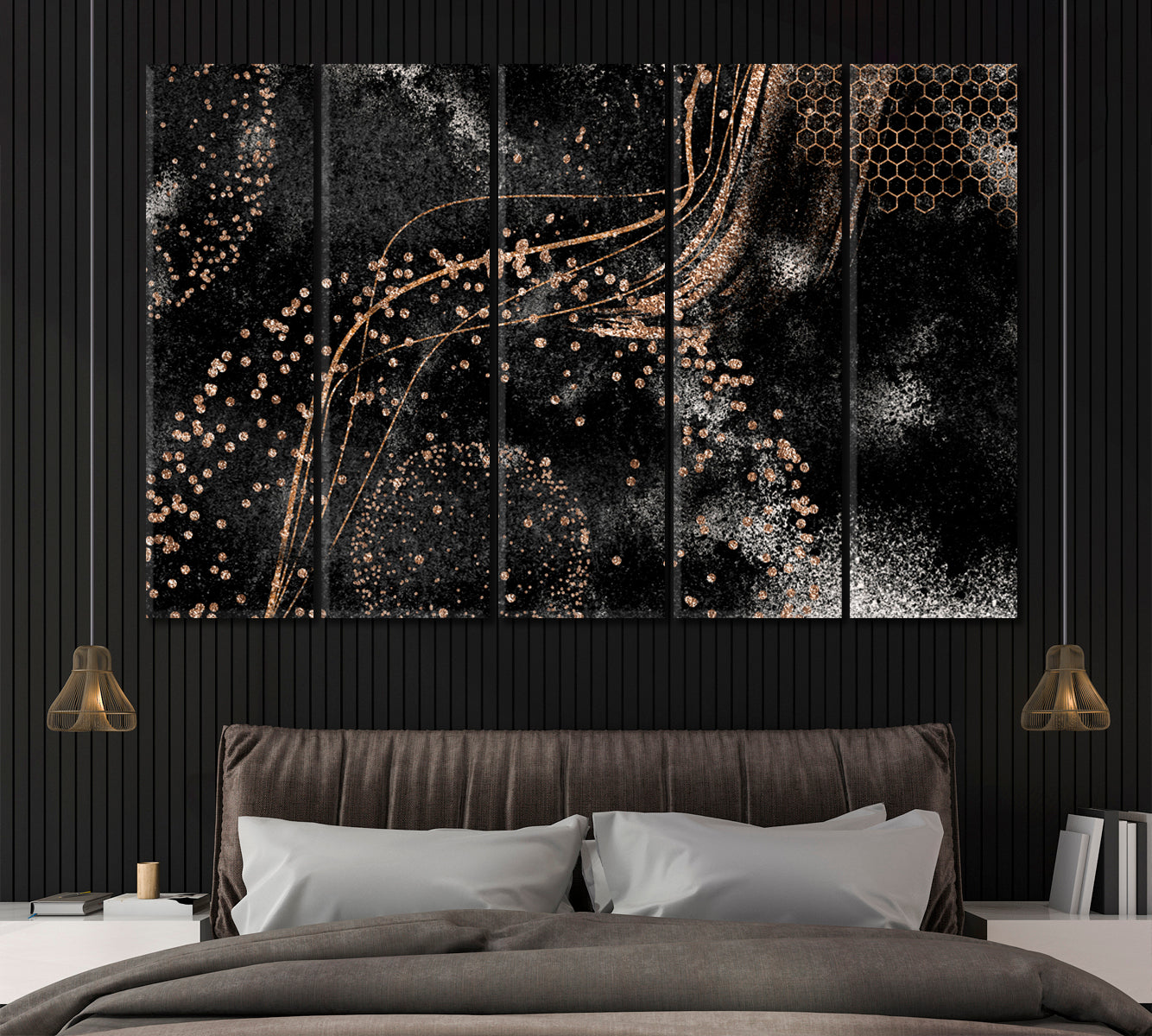 Trendy Black & Gold Abstract Pattern Canvas Print ArtLexy 5 Panels 36"x24" inches 