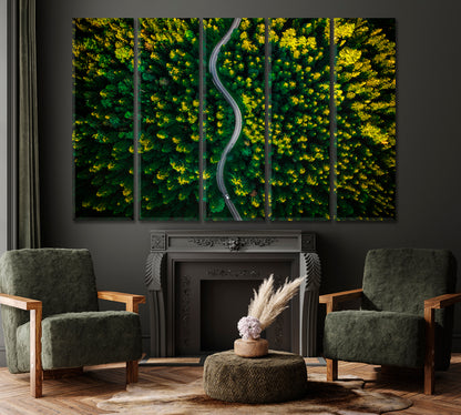 Curvy Road in Pine Forest Canvas Print ArtLexy 5 Panels 36"x24" inches 