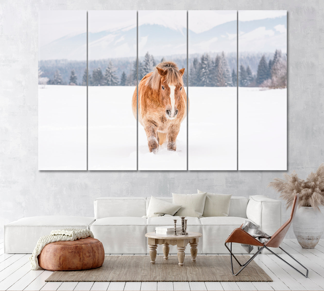 Brown Haflinger Horse on Snow Covered Field Canvas Print ArtLexy 5 Panels 36"x24" inches 