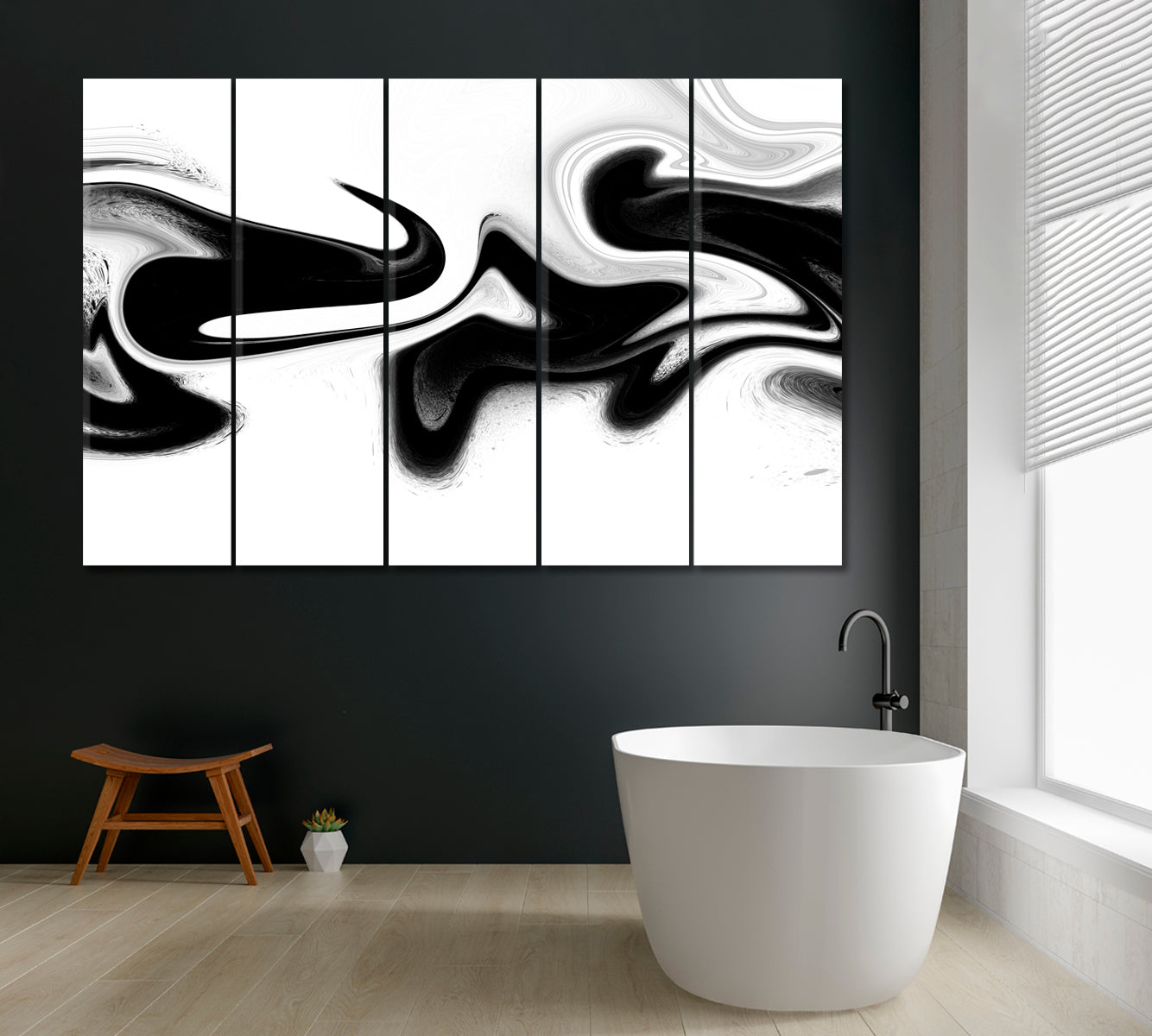 Abstract Black and White Swirls Canvas Print ArtLexy 5 Panels 36"x24" inches 