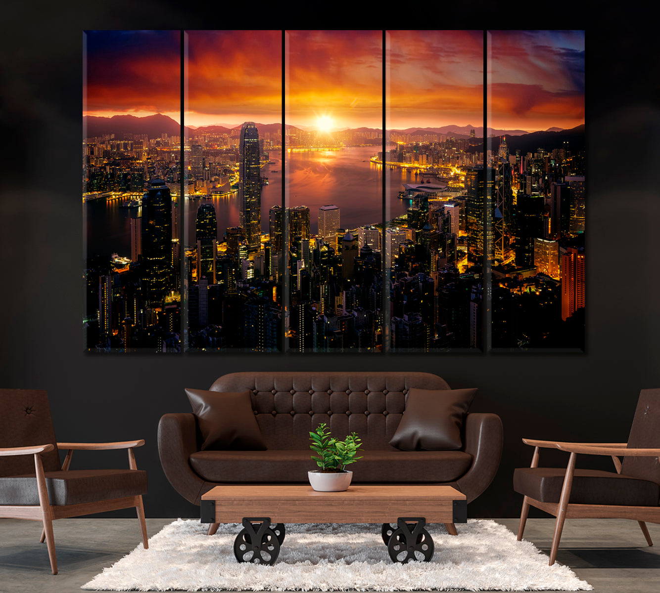 Hong Kong Cityscape Canvas Print ArtLexy 5 Panels 36"x24" inches 