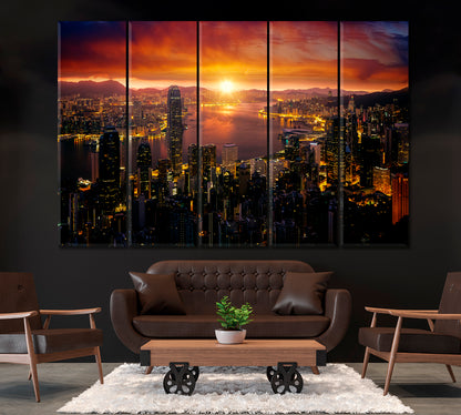 Hong Kong Cityscape Canvas Print ArtLexy 5 Panels 36"x24" inches 
