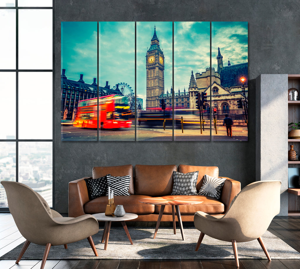 Night London with Double-Decker Bus Canvas Print ArtLexy 5 Panels 36"x24" inches 