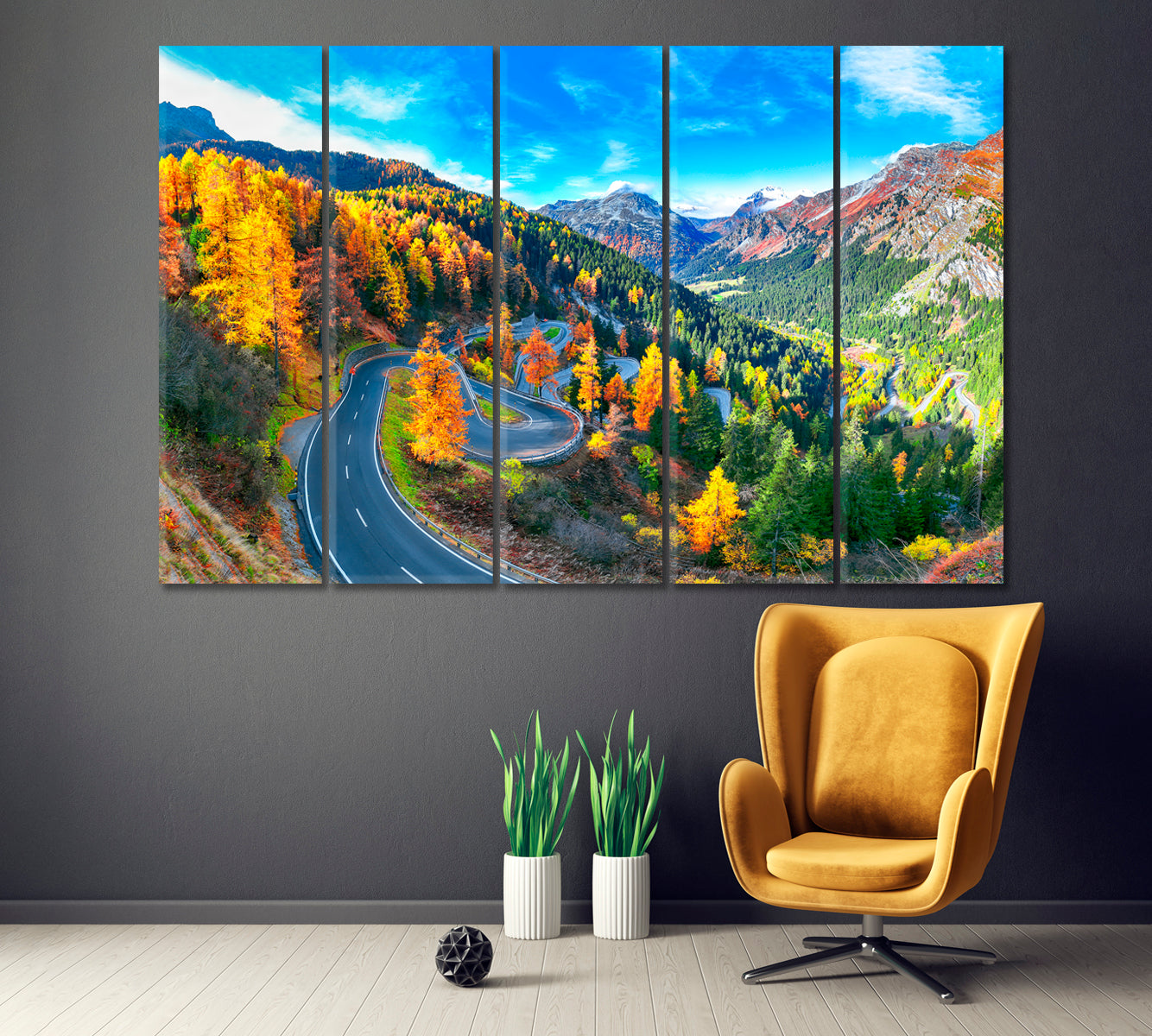 Maloja Pass Road at Autumn Switzerland Canvas Print ArtLexy 5 Panels 36"x24" inches 
