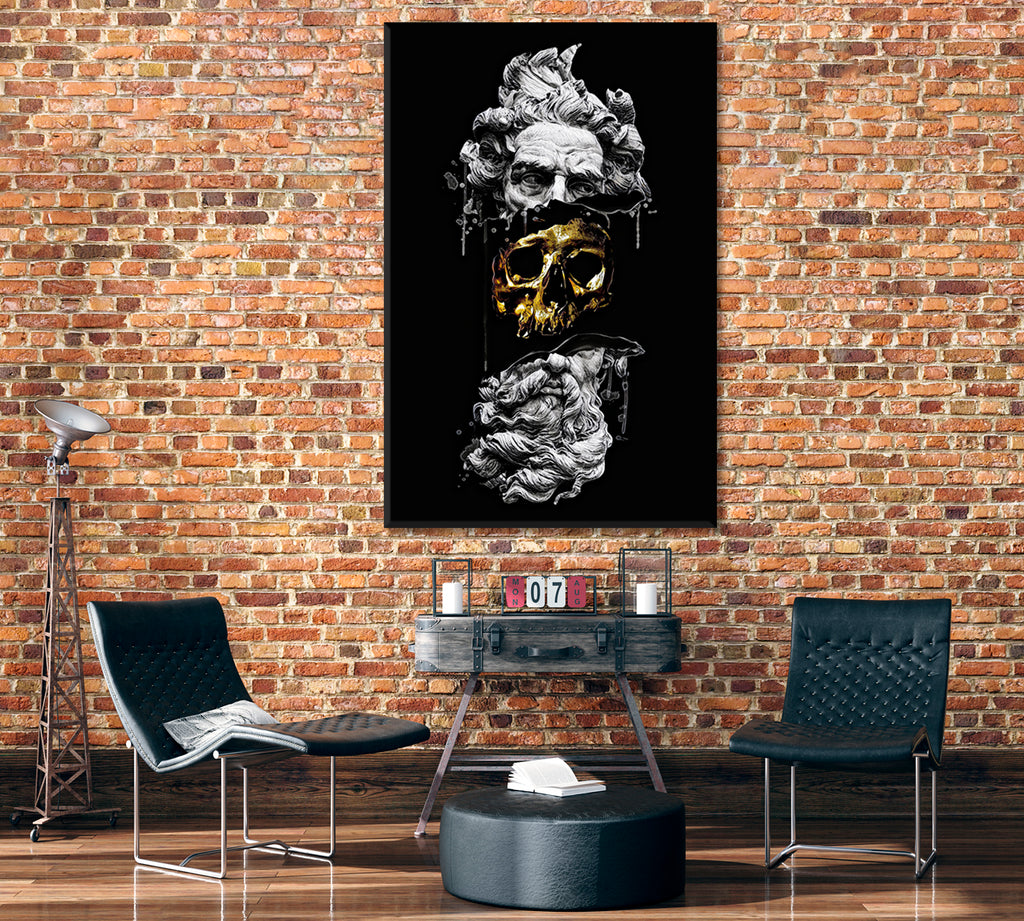 Poseidon Face Statue with Golden Skull Canvas Print ArtLexy   