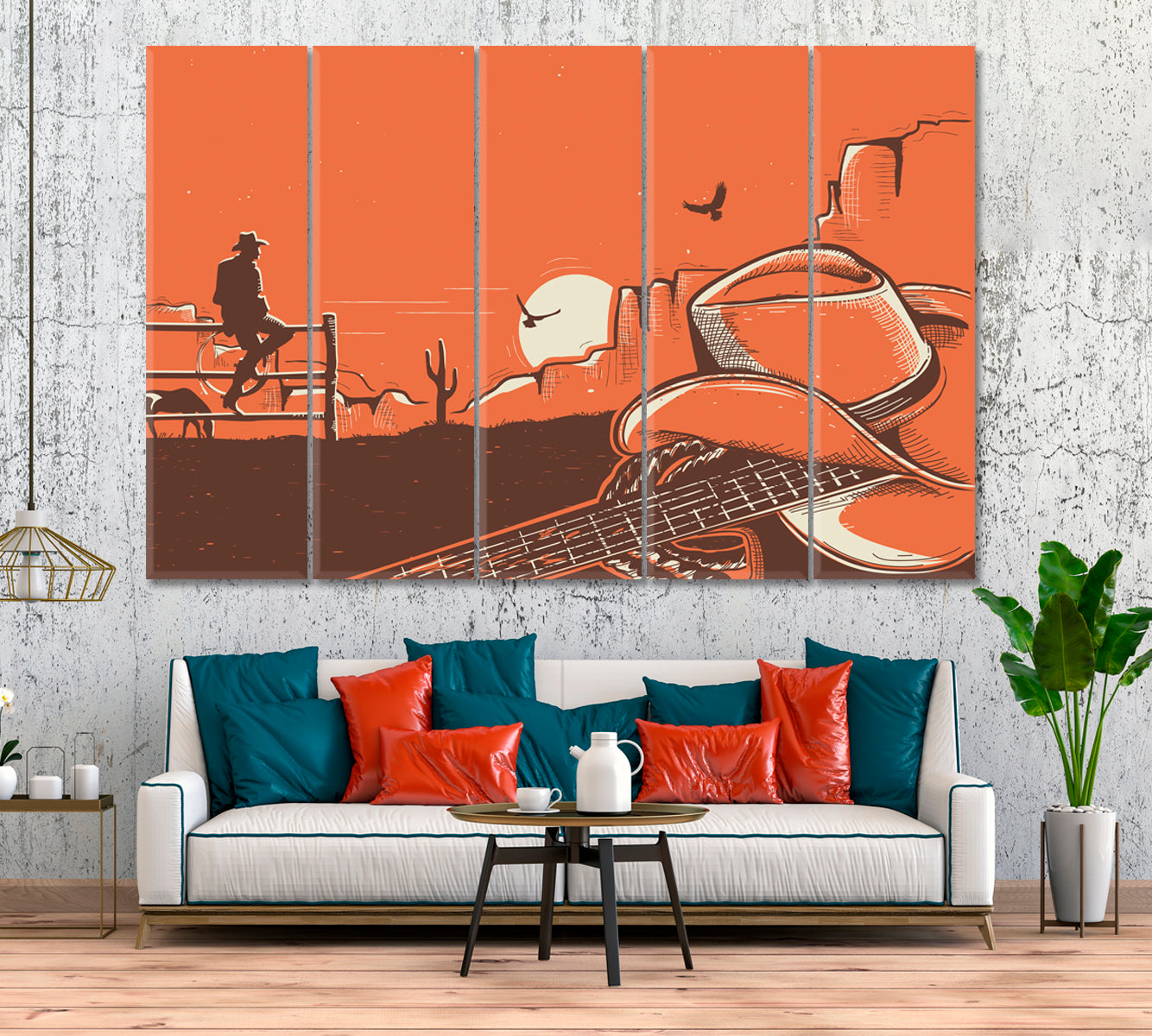 Western Landscape with Cowboy Canvas Print ArtLexy 5 Panels 36"x24" inches 