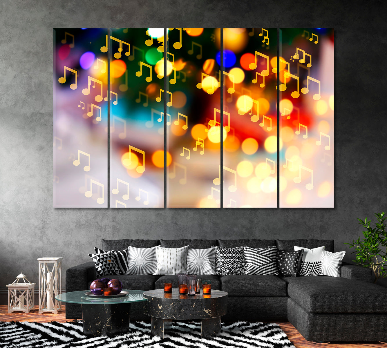 Music Notes on Blurred Lights Canvas Print ArtLexy 5 Panels 36"x24" inches 