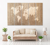 Abstract Wooden World Map Canvas Print ArtLexy 5 Panels 36"x24" inches 