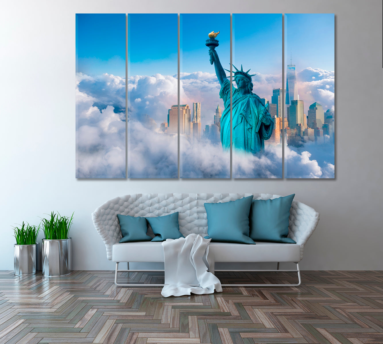 New York City with Statue of Liberty in Clouds Canvas Print ArtLexy 5 Panels 36"x24" inches 