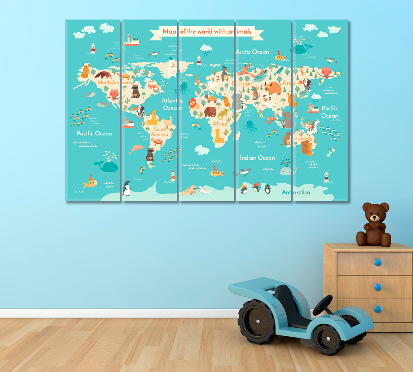 Animals World Map Canvas Print ArtLexy 5 Panels 36"x24" inches 