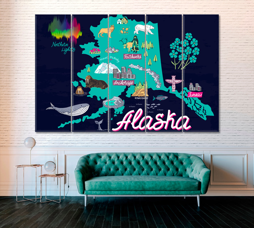 Map of Alaska USA with Attractions Canvas Print ArtLexy 5 Panels 36"x24" inches 