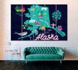 Map of Alaska USA with Attractions Canvas Print ArtLexy 5 Panels 36"x24" inches 