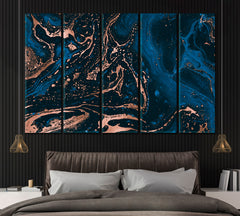 Abstract Blue and Bronze Liquid Marble Canvas Print ArtLexy 5 Panels 36"x24" inches 