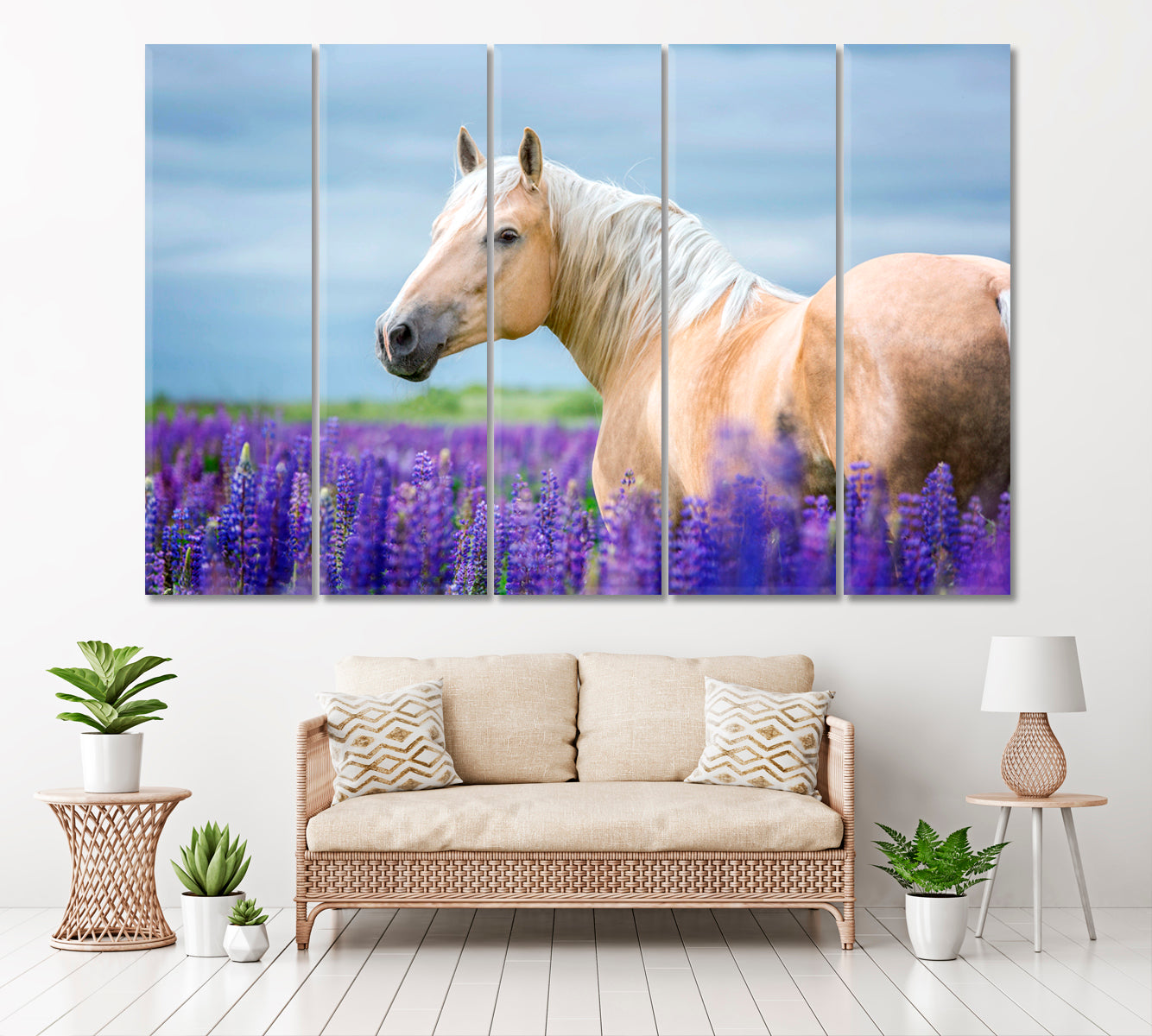 Palomino Horse in Flower Field Canvas Print ArtLexy 5 Panels 36"x24" inches 