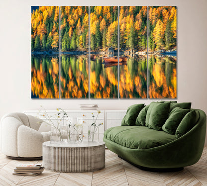 Wooden Boats in Braies Lake Autumn Dolomites Italy Canvas Print ArtLexy 3 Panels 36"x24" inches 