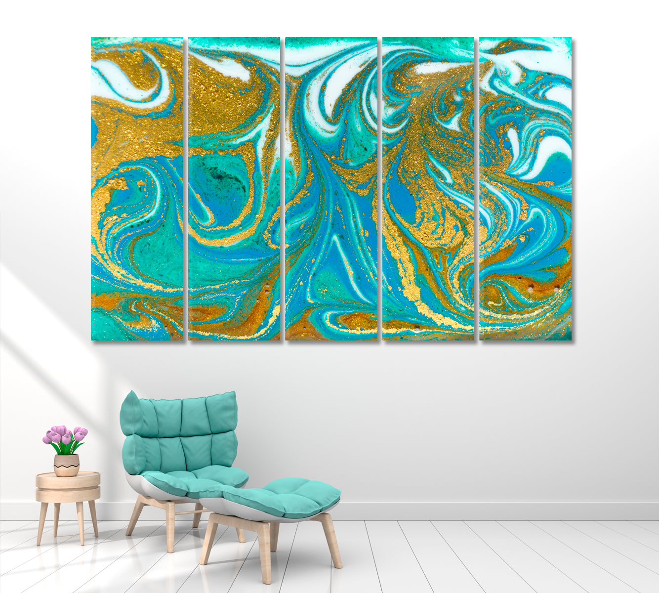 Green and Gold Marble Liquid Pattern Canvas Print ArtLexy 5 Panels 36"x24" inches 