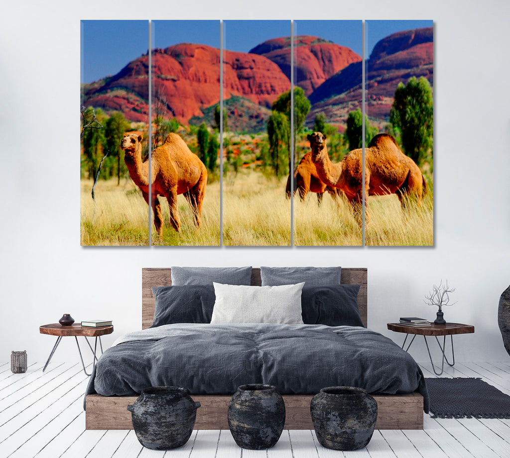 Camels and Kata Tjuta Australia Canvas Print ArtLexy 5 Panels 36"x24" inches 