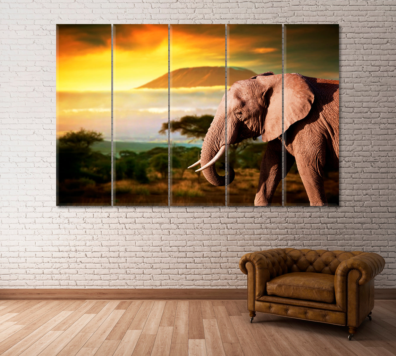 Elephant and Mount Kilimanjaro at Sunset Canvas Print ArtLexy 5 Panels 36"x24" inches 
