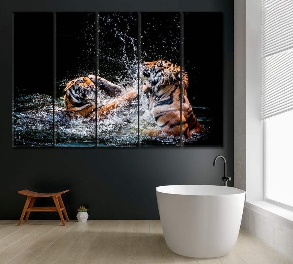 Two Tigers Play in Water Canvas Print ArtLexy 5 Panels 36"x24" inches 