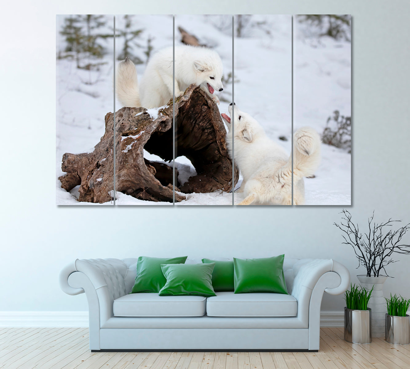 Two Arctic Fox Playing in Snow Montana USA Canvas Print ArtLexy 5 Panels 36"x24" inches 