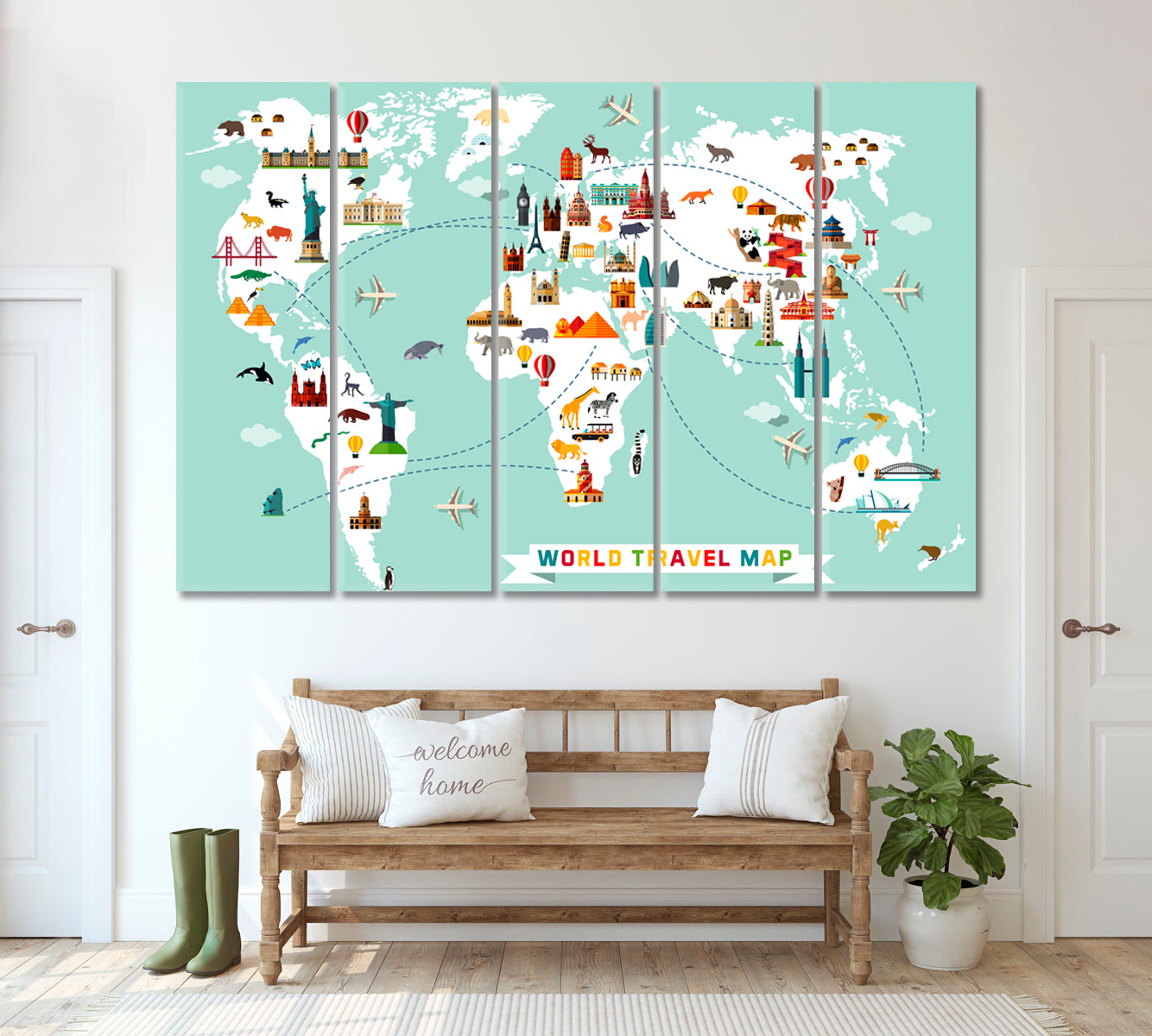 World Map with Animals and Landmarks Canvas Print ArtLexy 5 Panels 36"x24" inches 