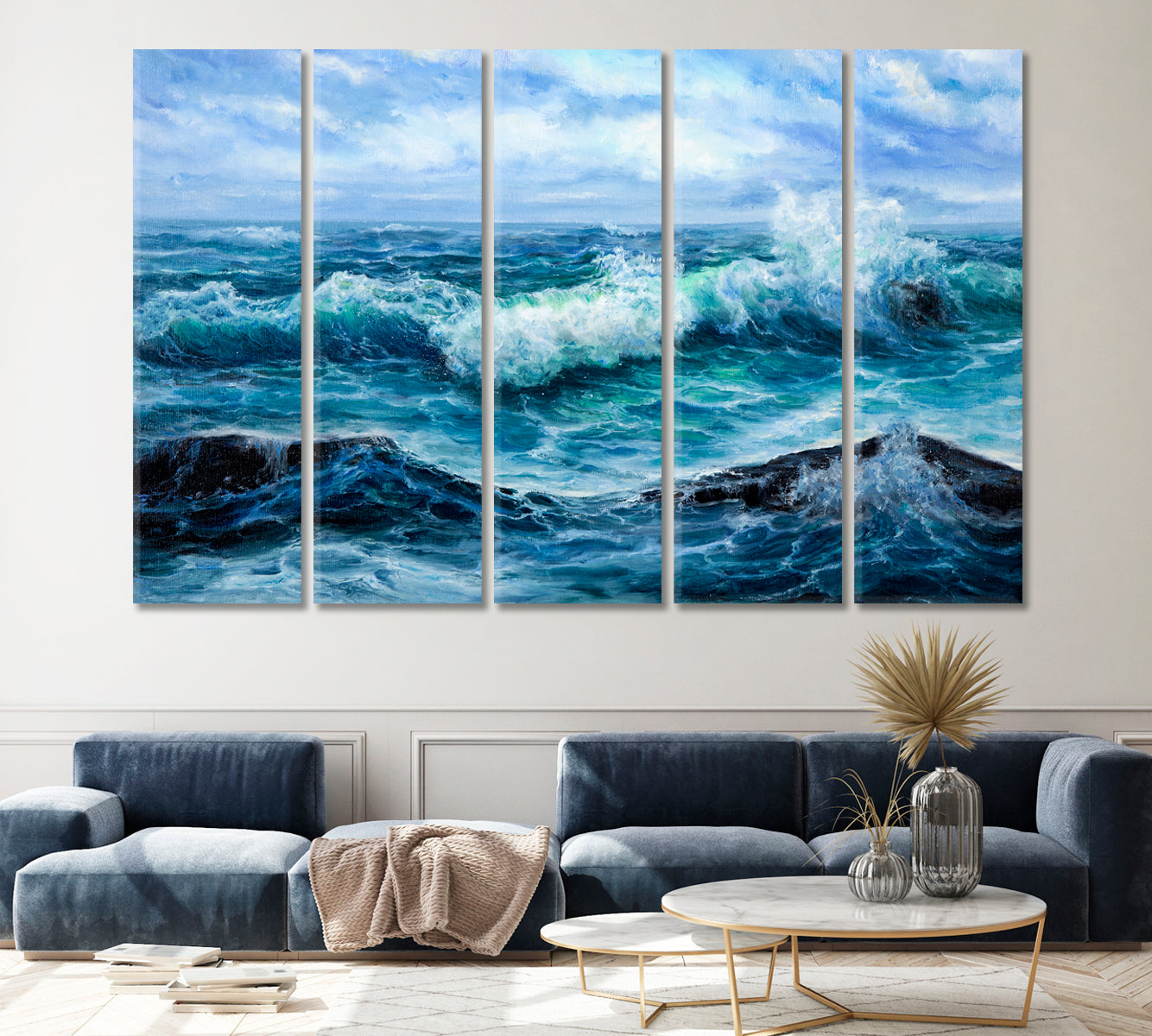 Modern Abstract Ocean Waves Canvas Print ArtLexy 5 Panels 36"x24" inches 