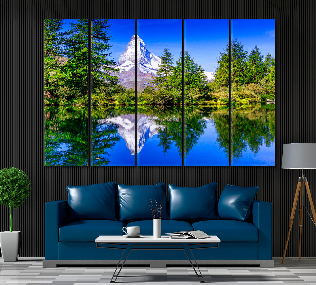 Matterhorn Mountain with Trees Reflection on Lake Switzerland Canvas Print ArtLexy 5 Panels 36"x24" inches 
