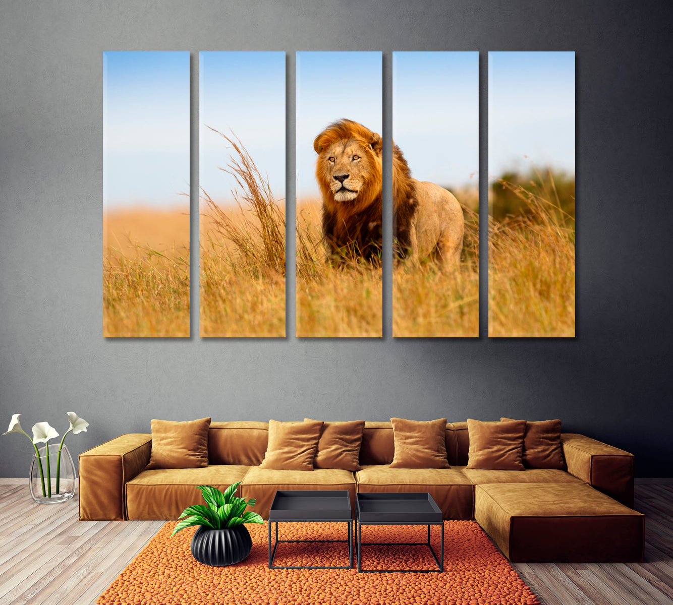 Wild Lion in Kenya Canvas Print ArtLexy 5 Panels 36"x24" inches 