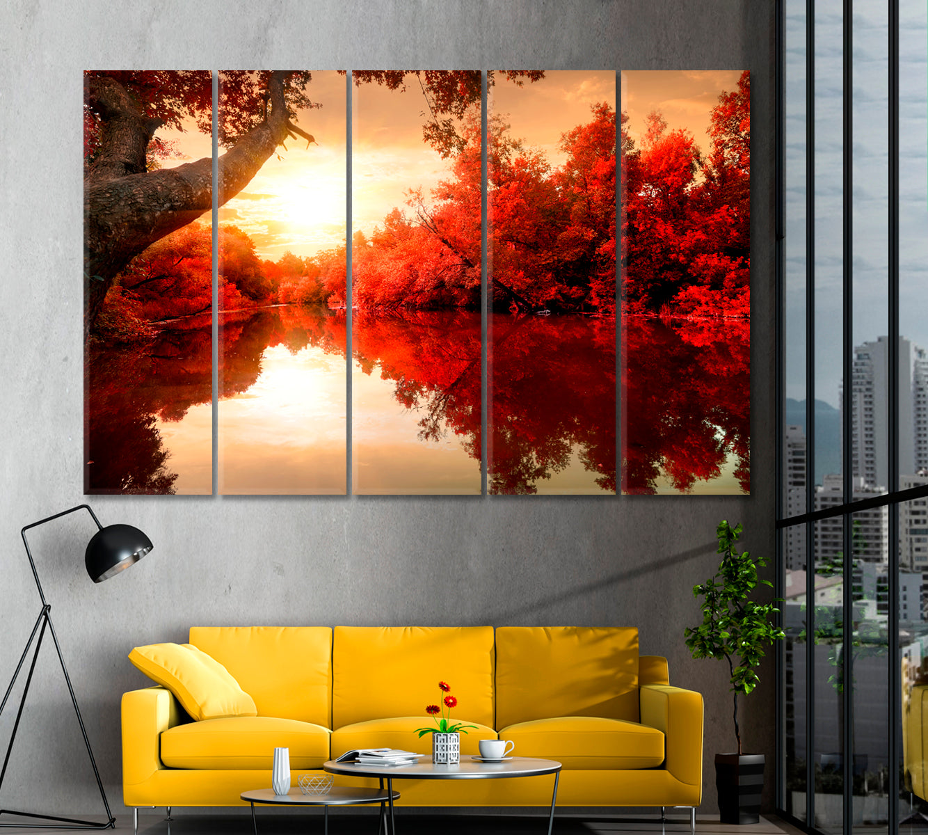 Red Autumn Trees along River Canvas Print ArtLexy 5 Panels 36"x24" inches 